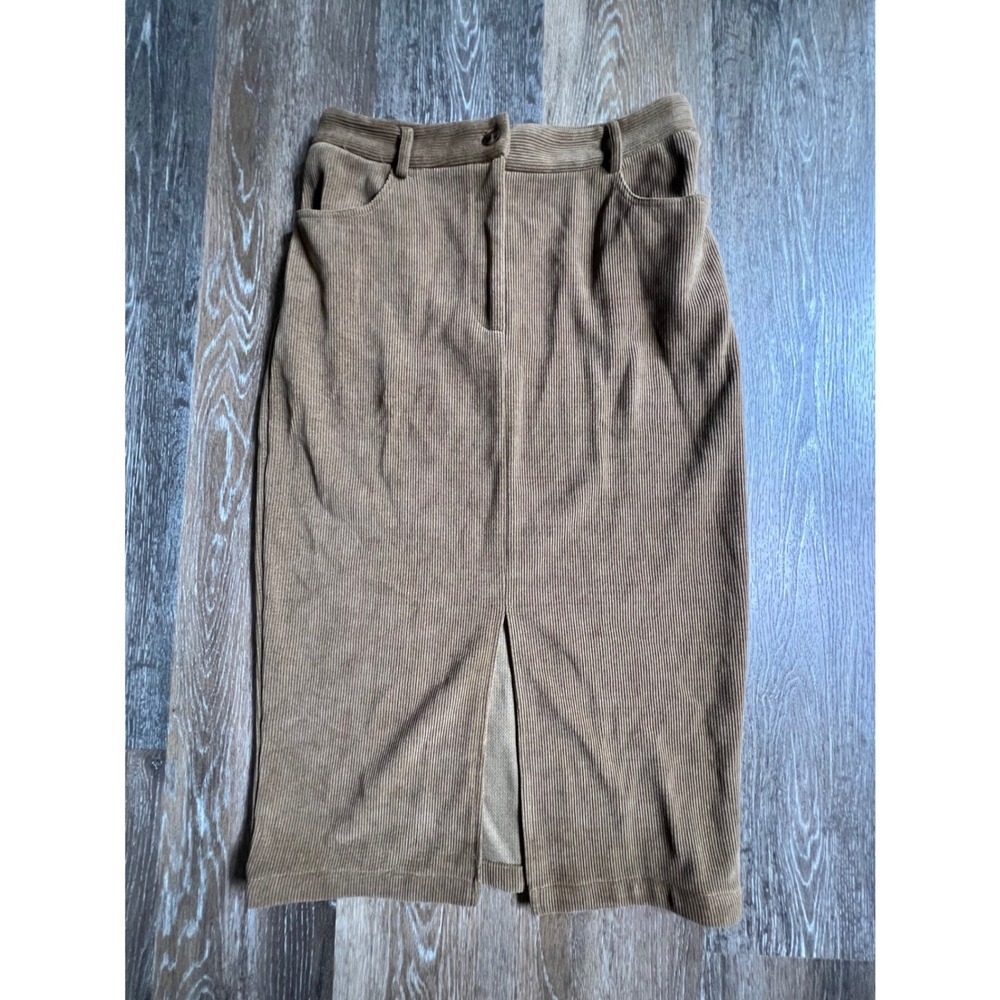 PrettyGarden Corduroy Midi Skirt Women 12 Brown High Waisted Front Slit Pockets